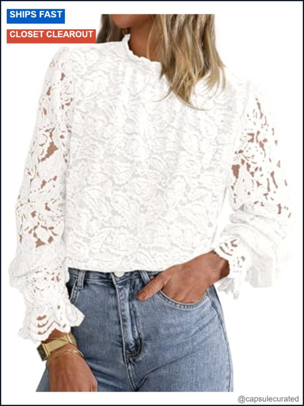 Lace Long Sleeve Blouse - Mock Neck Ruffle Sheer Sleeves, Scalloped Hem,